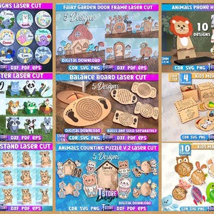 May include: A collection of laser-cut wooden craft designs, including baby signs, fairy garden door frames, animal phone holders, planters, balance boards, memory games, phone stands, counting puzzles, and maze games. Each design features a variety of animal and themed shapes.