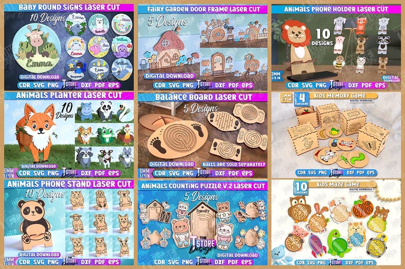 May include: A collection of laser-cut wooden craft designs, including baby signs, fairy garden door frames, animal phone holders, planters, balance boards, memory games, phone stands, counting puzzles, and maze games. Each design features a variety of animal and themed shapes.