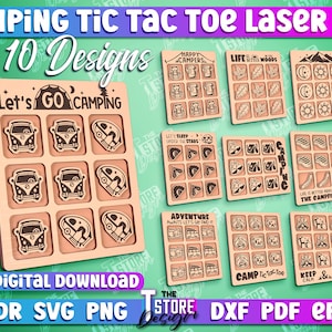 Op de afbeelding: Tien digitale ontwerpen voor lasergesneden camping tic-tac-toe borden. De ontwerpen bevatten verschillende campingthema's, waaronder gelukkige kampeerders, leven in het bos, slapen onder de sterren, avontuur, camping tic-tac-toe en blijf kalm en kampeer.