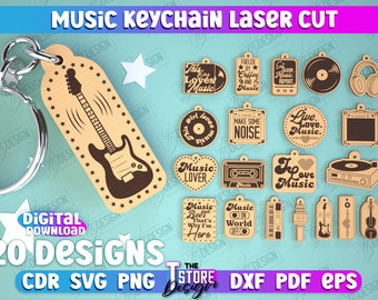 May include: A set of 20 laser cut music keychain designs. The designs include a guitar, a record player, a microphone, a cassette tape, headphones, and more. The designs are all in a vintage style and are perfect for music lovers.