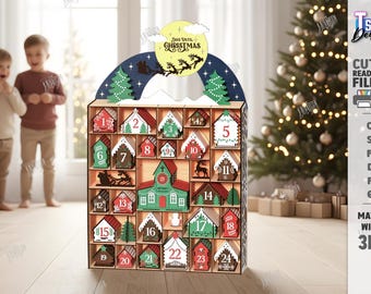 3d Christmas village advent calendar laser cut, wooden advent calendars with boxes, Xmas houses, winter town, kids laser cut