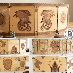 May include: A wooden laser-cut gaming screen featuring five different designs, including dragons and dice. The screen is made from 3mm thick material and is available as a digital download. The image includes the text "Laser Cut" and "5 Designs".