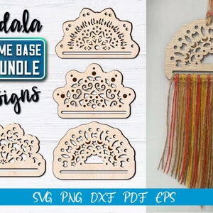 Könnte beinhalten: Ein Satz mit vier mandalaförmigen Holz-Makramee-Basen-SVG-Designs. Die Designs haben die Form eines Halbkreises mit komplizierten Mustern. Der Text "Mandala Macrame Base SVG Bundle 4 designs" ist im Bild sichtbar.