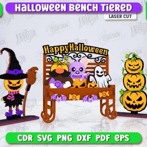 Banc Halloween découpé au laser, décoration effrayante, signe interchangeable Halloween svg, svg sorcière, support Happy Halloween découpé au laser