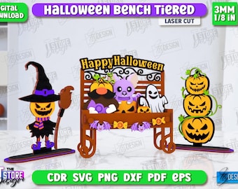 Halloween bench tiered tray laser cut, scary home decor, Halloween interchangeable sign svg, witch svg, Happy Halloween stand laser cut