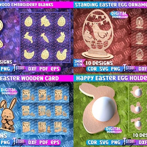 May include: A digital download of 10 laser cut designs for Easter egg ornaments. The designs feature a standing egg with a chick and a bunny, and a variety of other Easter-themed designs. The designs are available in CDR, SVG, PNG, DXF, PDF, and EPS formats.
