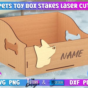 May include: Laser cut wooden pet toy box with a bone design on the side and a dog head cutout on the front. The box has a space for a name to be engraved. The box is 3mm thick.