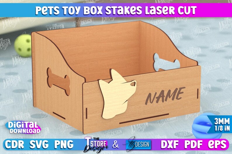 May include: Laser cut wooden pet toy box with a bone design on the side and a dog head cutout on the front. The box has a space for a name to be engraved. The box is 3mm thick.