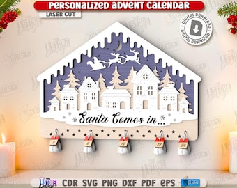 3d Christmas personalized advent calendar laser cut, family advent calendars, Xmas wall decor, Christmas village laser cut, Santa Claus svg