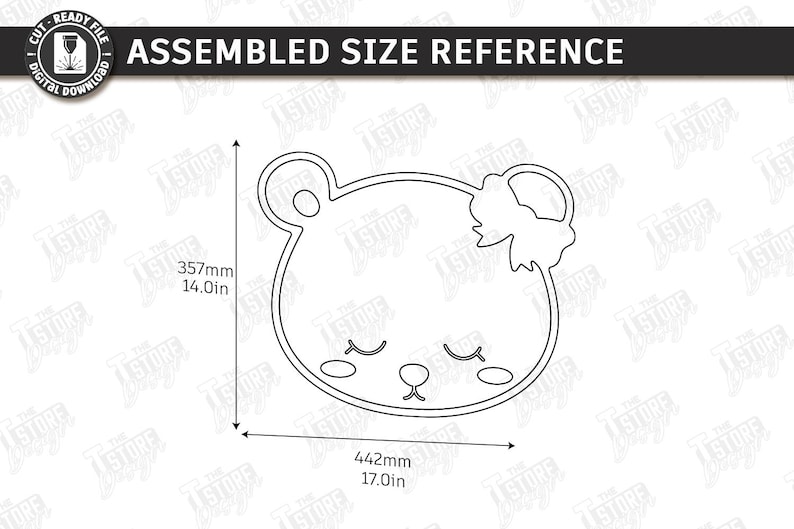 May include: Line drawing of a bear face with a bow, measuring 14.0 inches high and 17.0 inches wide. The text "ASSEMBLED SIZE REFERENCE" is at the top. The image includes the text "CUT READY FILE DIGITAL DOWNLOAD".