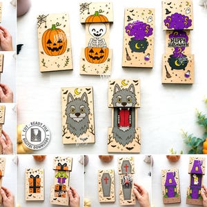 May include: A collection of ten laser-cut wooden Halloween-themed sliding cards featuring colorful illustrations of pumpkins, skeletons, a werewolf, a witch, a haunted house, and a cauldron with the text Happy Halloween and Trick or Treat.