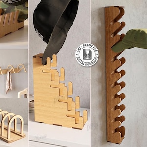 May include: A collection of five laser-cut wooden hat rack designs for digital download. The set includes wall-mounted and tabletop organizers with various hook configurations, featuring light wood grain textures and a material width of 6mm.