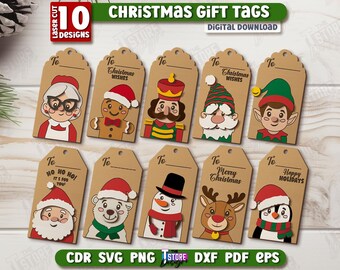 Kerstcadeaulabels lasergesneden bundel, kerstcadeaulabel lasercut, gepersonaliseerd kerstcadeaulabel svg, kerstversieringen svg, kerstman