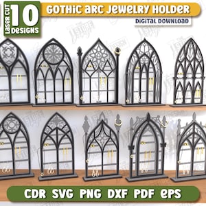 May include: Black laser-cut Gothic arch jewelry holders, 10 designs, 3mm thick, 1/8 inch. The holders are displayed on a wooden shelf. The text "Gothic Arc Jewelry Holder" and "Digital Download" are visible.