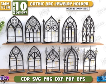 Gothic arc jewelry holders lasercut bundle, gothic style jewelry organizer, gothic window earrings holder, jewelry display, cathedral window