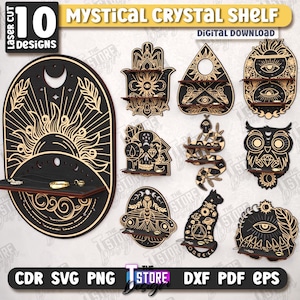 Könnte beinhalten: Eine Sammlung von 10 lasergeschnittenen mystischen Kristallregalen in verschiedenen Designs, darunter eine Eule, eine Katze und eine Sonne. Die Regale sind schwarz mit goldenen Akzenten und 6 mm dick. Der Text "MYSTICAL CRYSTAL SHELF" ist zu sehen.