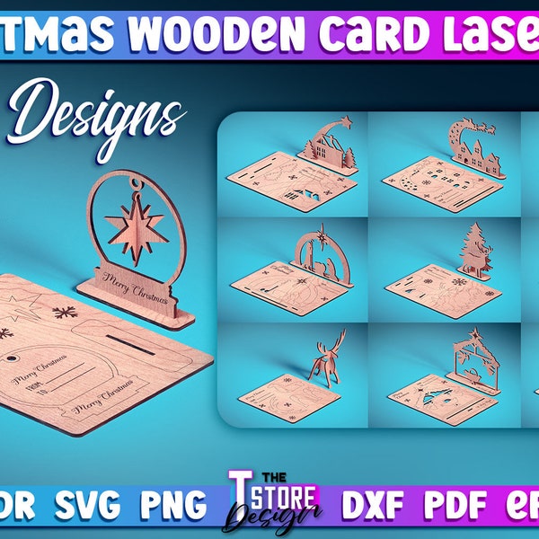 Carte en bois de Noël découpée au laser SVG Bundle | Conception SVG découpée au laser de Noël | Fichiers CNC