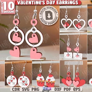 Puede incluir: Una colección de pendientes de San Valentín cortados con láser en varios diseños. Los pendientes presentan formas de corazón, círculos y otros motivos románticos en rojo y blanco. La imagen incluye el texto "10 DESIGNS" y "VALENTINE'S DAY EARRINGS".