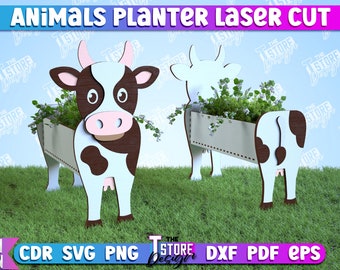 Maceta de animales, Maceta de vaca, Adorno de jardín, Maceta decorativa, Maceta de madera con patrón de animales, Maceta de jardín, CNC