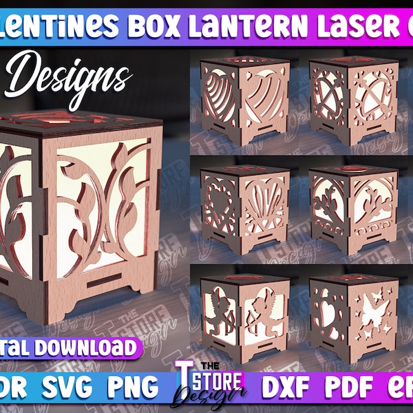 Valentine's Day Lantern SVG Bundle, Valentines Box Lantern Laser Cut Crafts, Wood Lamp SVG, Night Light Love Design, Valentine's Day Lantern