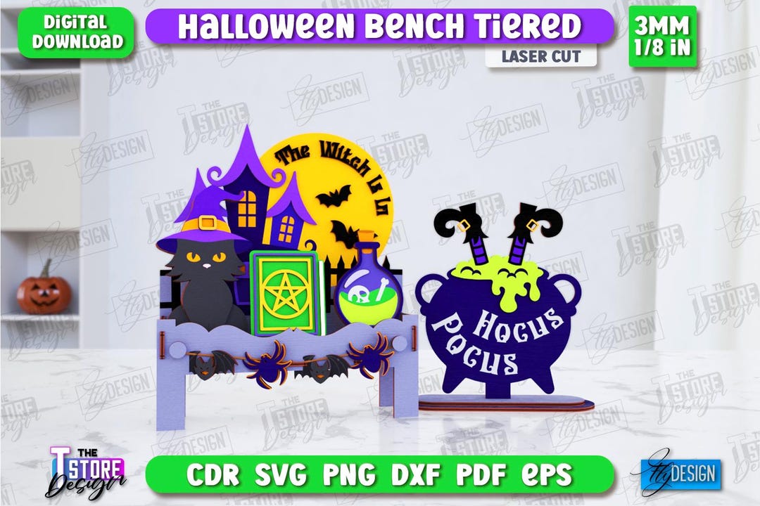 Haunted Bench Halloween Bench Tiered Tray Laser Cut, Witch Tier Tray Decor, Black Cat ...