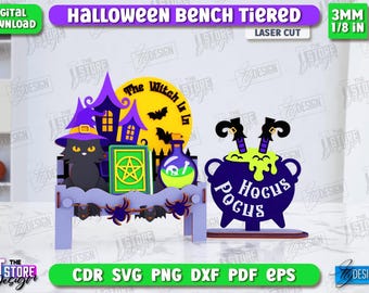Bandeja escalonada de banco de Halloween cortada con láser, decoración de bandeja escalonada de brujas, letreros de banco de gato negro SVG, casa embrujada SVG, soporte de Feliz Halloween cortado con láser
