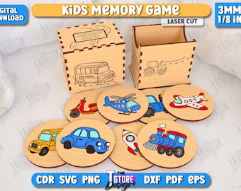Kids memory game laser cut, vehicles lasercut, kids board game, matching game, montessori game, memory game with holder box, educational toy