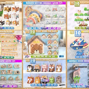 May include: A collection of laser-cut wooden crafts, including animal storage boxes, nesting animals, wall hangers, reading rulers, piggy banks, kids' shelves, baby photo frames, and door knob hangers. Each design features a variety of animal shapes and themes.