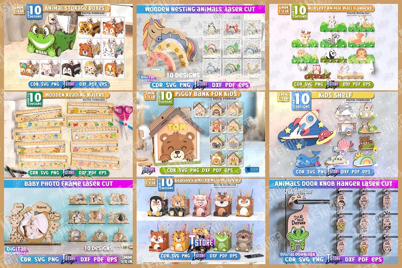 May include: A collection of laser-cut wooden crafts, including animal storage boxes, nesting animals, wall hangers, reading rulers, piggy banks, kids' shelves, baby photo frames, and door knob hangers. Each design features a variety of animal shapes and themes.