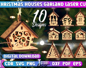 Peut inclure: Dix modèles numériques pour des guirlandes de maisons de Noël à découper au laser. Les modèles comprennent une variété de styles, tels qu'une église, un flocon de neige et un renne. Les modèles sont disponibles aux formats CDR, SVG, PNG, DXF, PDF et EPS.