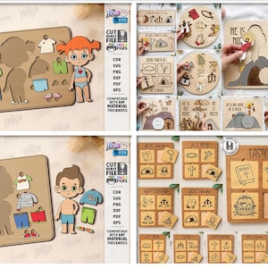 May include: Wooden puzzles featuring cutout figures of children and clothing. The puzzles include a girl and a boy with various outfits. The image also shows Easter-themed puzzles with religious symbols and text.