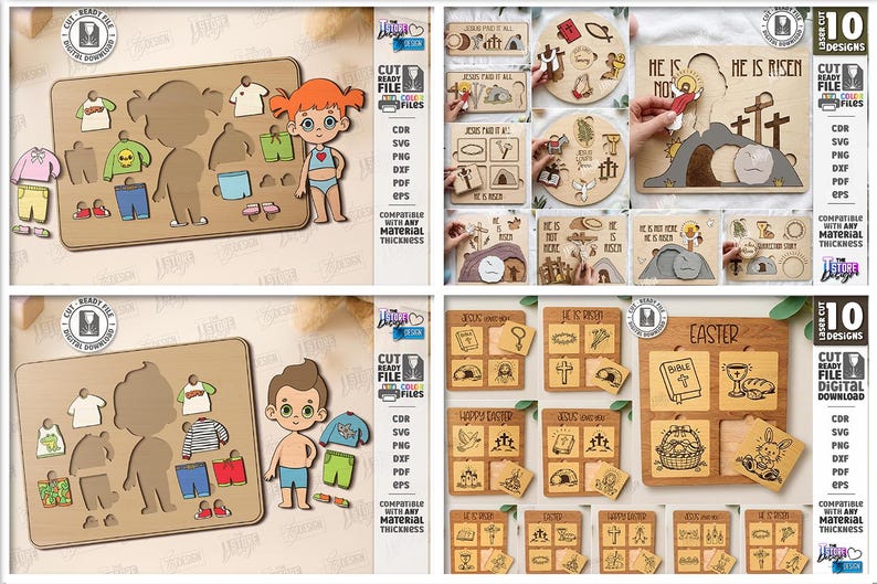 May include: Wooden puzzles featuring cutout figures of children and clothing. The puzzles include a girl and a boy with various outfits. The image also shows Easter-themed puzzles with religious symbols and text.