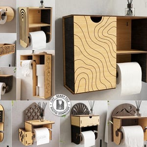 Puede incluir: Una colección de diez diseños de portarrollos de papel higiénico de madera cortados con láser con varios patrones geométricos, florales y de paisajes. Los archivos digitales son compatibles con CDR, SVG, PNG, DXF, PDF y EPS para 6mm de espesor.