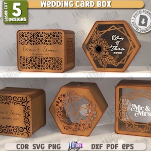 Op de afbeelding: Houten trouwkaartdozen in diverse vormen, met lasergesneden bloempatronen en gepersonaliseerde details. De afbeelding toont vierkante en zeshoekige dozen. Tekst bevat "Wedding Card Box" en "5 Designs".