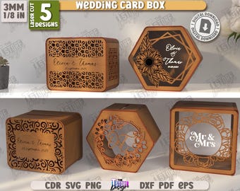 Paquete de cajas para tarjetas de boda 3D cortadas con láser, caja para tarjetas de boda SVG, caja para tarjetas de boda personalizada SVG, porta tarjetas de boda decorativo