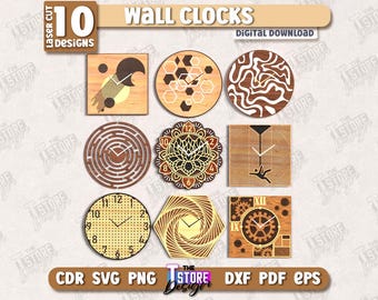Wooden Wall Clocks Laser Cut Bundle, Decorative Clocks, Wall Clock Faces, Home Decor, 3D Wooden Clock, Modern Clock Face, Round Clock SVG