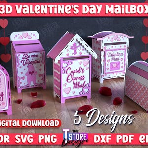 May include: Five different designs for Valentine's Day mailboxes. The mailboxes are made of wood and are painted pink with white accents. The designs include "Be mine Valentine", "Cupid's Express Mail", "Happy Mail", "Valentines Mail", and "Love Notes".