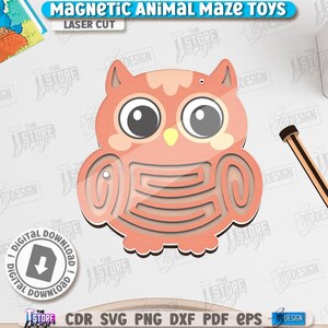 May include: A laser-cut wooden owl-shaped magnetic maze toy. The owl is peach-colored with a maze design on its body and large, round eyes. A wooden wand is included. The text "MAGNETIC ANIMAL MAZE TOYS" and "LASER CUT" are visible.