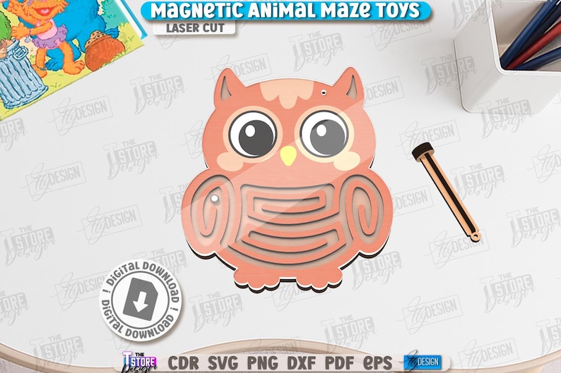 May include: A laser-cut wooden owl-shaped magnetic maze toy. The owl is peach-colored with a maze design on its body and large, round eyes. A wooden wand is included. The text "MAGNETIC ANIMAL MAZE TOYS" and "LASER CUT" are visible.
