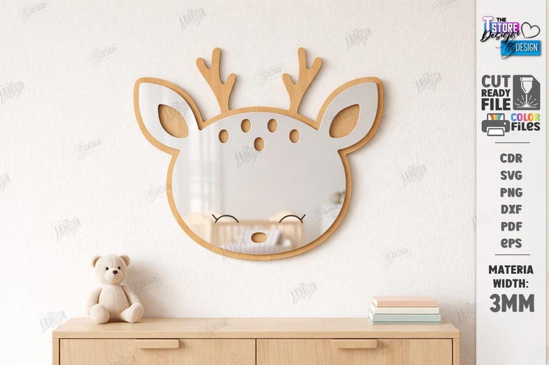 May include: A deer-shaped mirror with a wooden frame and antlers, designed for wall mounting. The mirror has a white face with brown accents and is displayed on a white wall. The text on the right says "CUT READY FILE" and "MATERIAL WIDTH: 3MM".