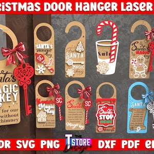 May include: Ten digital designs for laser cut Christmas door hangers. The designs feature Santa's Magic Key, Santa Stop Here, and other festive themes. The designs are available in CDR, SVG, PNG, DXF, PDF, and EPS formats.