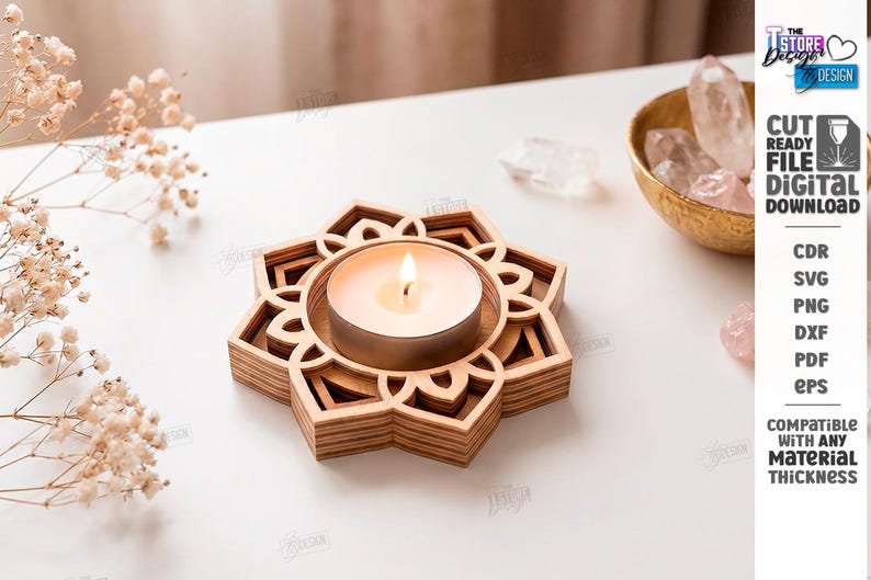 May include: A light-colored wooden tea light candle holder featuring a layered, geometric lotus flower design. The holder contains a single white tea light candle. Text on the right side reads: CUT READY FILE DIGITAL DOWNLOAD CDR SVG PNG DXF PDF EPS.