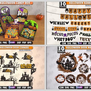 May include: A digital download featuring Halloween-themed designs. Includes candy boxes, banners with phrases like "Happy Halloween", door corners, and wreaths. The designs are laser cut and available in SVG, PNG, DXF, and EPS formats.