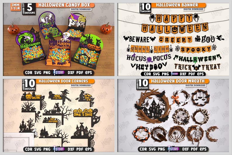 May include: A digital download featuring Halloween-themed designs. Includes candy boxes, banners with phrases like "Happy Halloween", door corners, and wreaths. The designs are laser cut and available in SVG, PNG, DXF, and EPS formats.