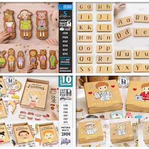 May include: A selection of laser-cut wooden toys and educational resources. Features animal puzzles, alphabet tiles, emotion-themed boxes, and doctor/paramedic-themed boxes. Designs are compatible with any material and available for digital download.