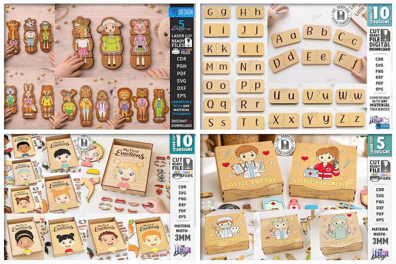 May include: A selection of laser-cut wooden toys and educational resources. Features animal puzzles, alphabet tiles, emotion-themed boxes, and doctor/paramedic-themed boxes. Designs are compatible with any material and available for digital download.