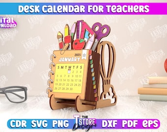 Calendario de escritorio 3D Teacher 2025, diseño cortado con láser, calendario escolar SVG, calendario de escritorio SVG, regalos para la vuelta al cole, calendario de escritorio de madera SVG