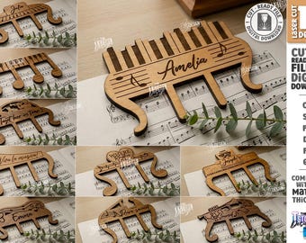 3d music page holder laser cut bundle, piano sheet music clips, personalized book page spreader, wooden bookmark svg, music note bookmark