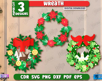 May include: Three paper cut wreath designs. One wreath features a red bow, deer, and lemon slices. Another has red flowers, and the third has a red bow and a white house. The text "WREATH" and "DIGITAL DOWNLOAD" are visible.