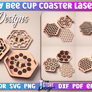 Könnte beinhalten: Fünf verschiedene Designs für lasergeschnittene Honigbienenuntersetzer. Die Designs zeigen ein Wabenmuster mit einer Biene in der Mitte. Der Text "HONEY BEE CUP COASTER LASER CUT" und "5 Designs" befindet sich oben im Bild. Der Text "CDR SVG PNG TSTORE DESIGN DXF PDF EPS" befindet sich unten im Bild.